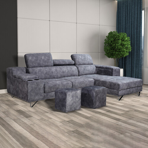 Velvet Fabric L Shape Sofa With Bar Storage & Cup Holder 999